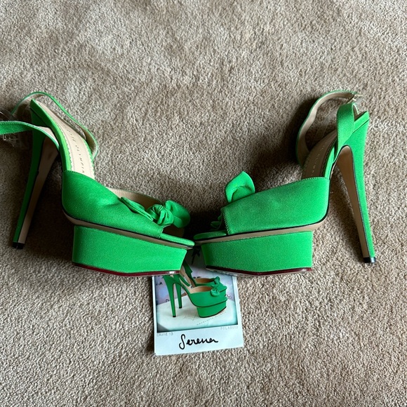 Charlotte Olympia Gren Satin Serena Bow PVC Ankle Strap Platform Sandals Size 39 - Picture 3 of 8